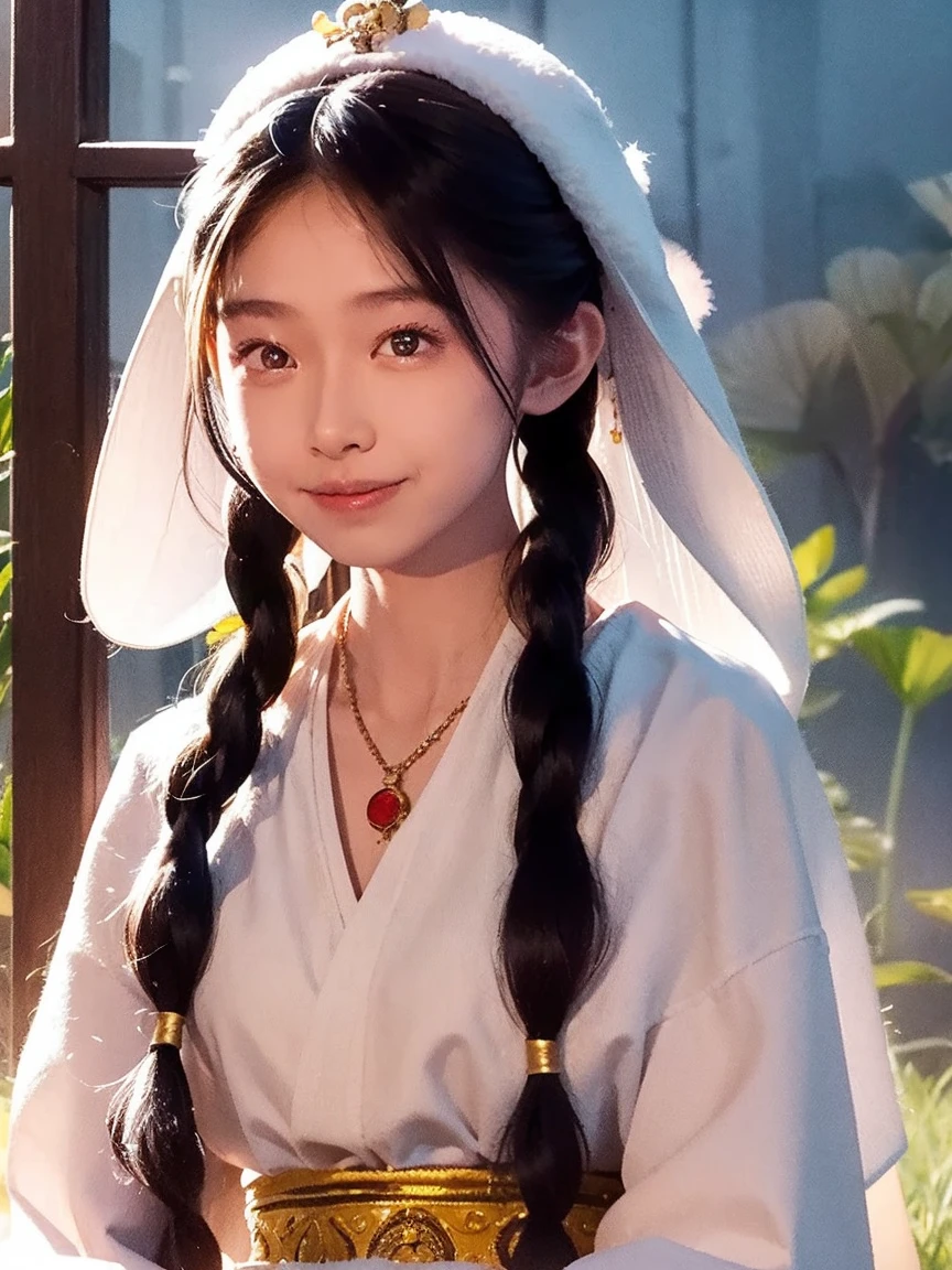 girl, Long braids, Tibetan Girl, close, Head slightly raised, smile, Bust photo, Upper Body, Appearance Yang Transcendence, Gorgeous Tibetan costume, Unwieldy Tibetan Necklace, Awkward Tibetan Headdress, Clothing fuzz, White animal bulge, CG of real people, Sweet Style, Movie Style, High-quality 4K