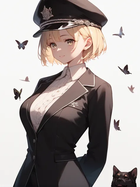 1 female, only, black hat,  short hair, (masterpiece, highest quality), ((short hair, blonde, black suit)), white background, ar...