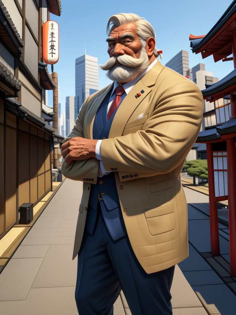 a muscular old man with a thick mustache and long beard, (Japanese man:1.3), wearing a suit, standing in a city background, (best quality,4k,8k,highres,masterpiece:1.2),ultra-detailed,,detailed wrinkles,detailed facial features,detailed texture, half body, halfbody