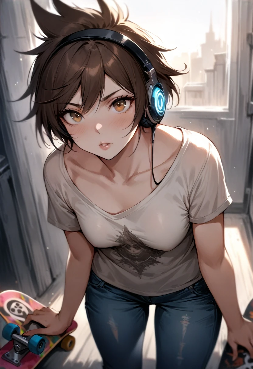 photo, 8k, intricate, elegant, highly detailed, majestic, digital photography, (finely detailed beautiful eyes:1.2), hdr, realistic, high resolution, (best quality, masterpiece:1.2), ultra detailed, 1girl, Tracer \(overwatch\), 1girl, solo, short hair, brown hair, brown eyes, spiked hair, small breasts lips, naked, headphones, jeans and t-shirt, skateboard, (looking at viewer), (front view),