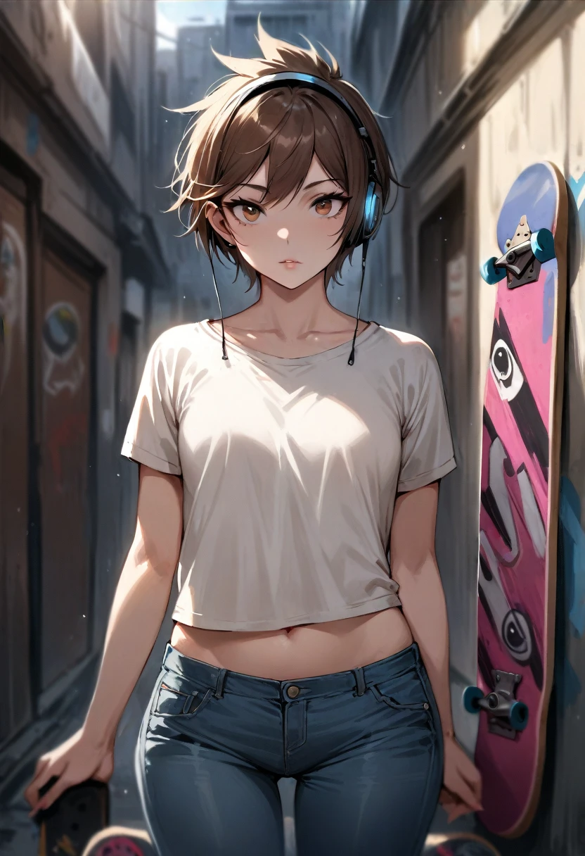 photo, 8k, intricate, elegant, highly detailed, majestic, digital photography, (finely detailed beautiful eyes:1.2), hdr, realistic, high resolution, (best quality, masterpiece:1.2), ultra detailed, 1girl, Tracer \(overwatch\), 1girl, solo, short hair, brown hair, brown eyes, spiked hair, small breasts lips, naked, headphones, jeans and t-shirt, skateboard, (looking at viewer), (front view),