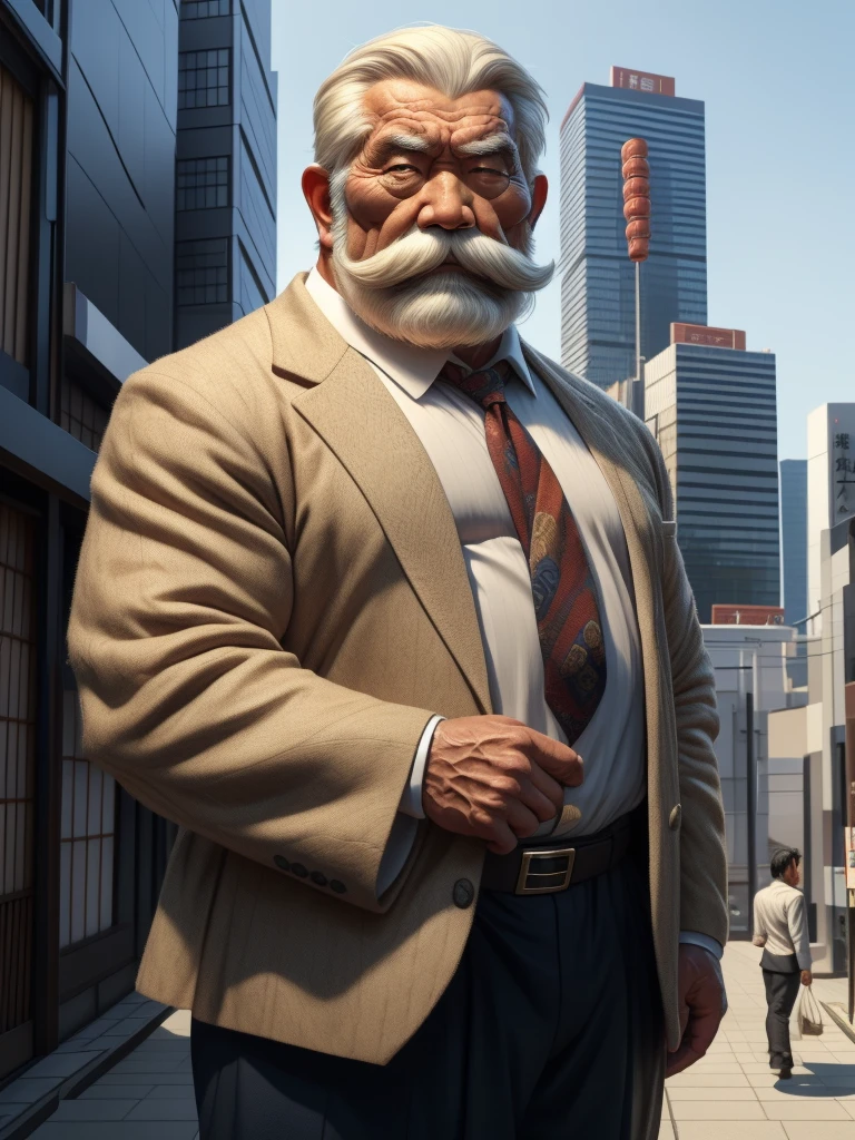 a muscular old man with a thick mustache and long beard, (Japanese man:1.3), wearing a shirt, tie, standing in a city background, (best quality,4k,8k,highres,masterpiece:1.2),ultra-detailed, realistic, photorealistic, semirealistic,detailed wrinkles,detailed facial features,detailed texture, half body, halfbody