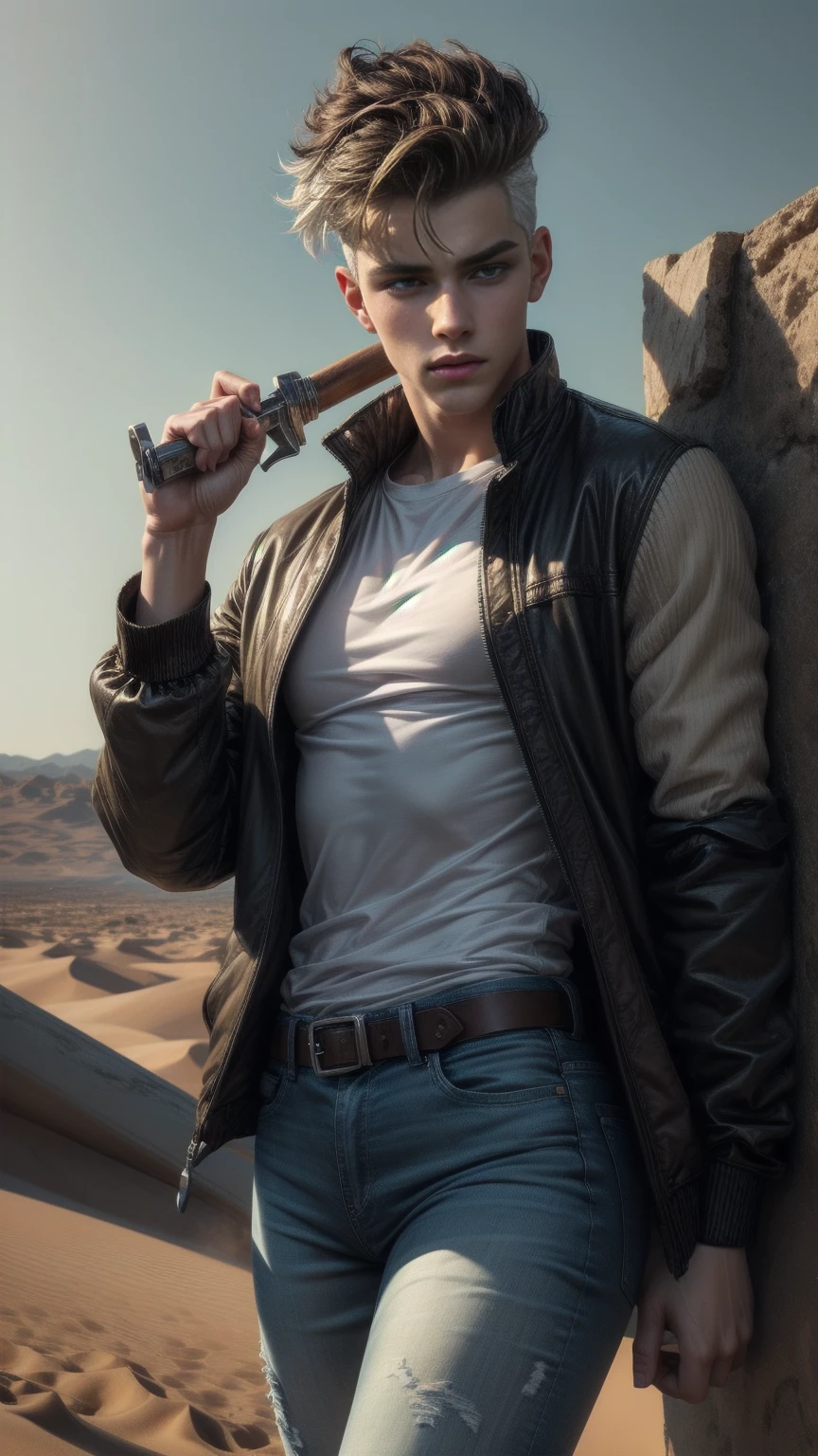 The best possible quality, 8K Ultra Resolution, Awesome illustration, The best of all, Award-winning, how to be the best,Neat short hair , weapons in each hand, Action Pose Adds effect at the end.., jeans black jacket,long blue jeans , ((cian, Brown, white colors: 1.5)), epic desert setting: 1.5, photorealistic: 1.4, skin texture: 1.4, super masterpiece, Super detailed, hyper detailed, 32K