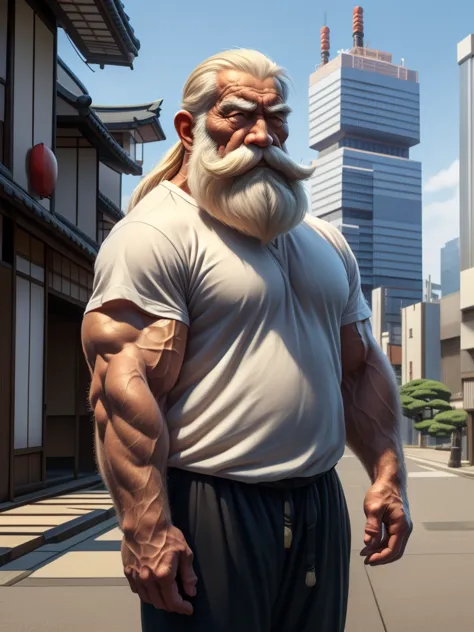 a muscular old man with a thick mustache and long beard, (japanese man:1.3), wearing a white t-shirts, black pants, standing in ...