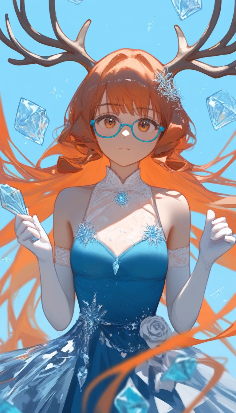 score_9,score_8_up,score_7_up,1girl,solo,brown_eyes,glasses,elbow_gloves,looking_at_viewer,copper red_hair,bare_shoulders,blue_dress,white_gloves,sleeveless_dress,closed_mouth,antlers,blue_background,very_long_hair,small_breasts,crystal,bangs,jewelry,ice,