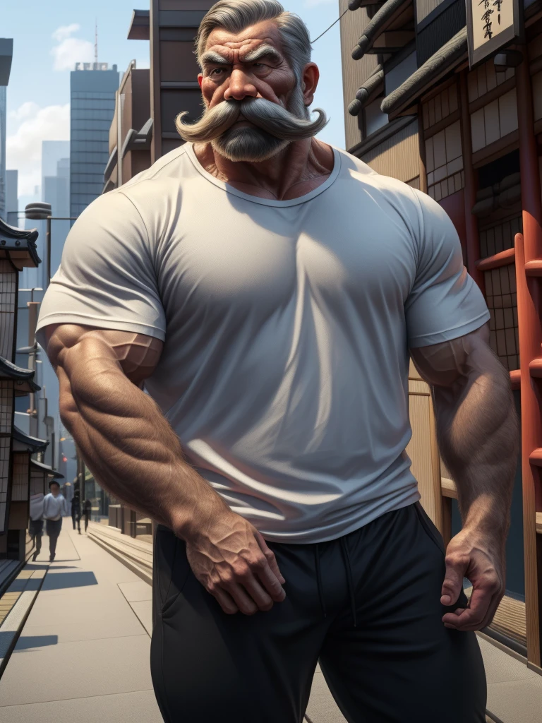 a muscular man with a thick mustache and long beard, (Japanese man:1.3), wearing a white t-shirts, black pants, standing in a city background, (best quality,4k,8k,highres,masterpiece:1.2),ultra-detailed, realistic, photorealistic, semirealistic,detailed wrinkles,detailed facial features,detailed texture, half body, halfbody