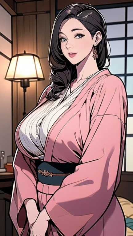 1，Japanese hairstyle，Photorealism，detailed，masterpiece，mature，((full))， (Broad shoulders), ((Huge))，Plus size mature women，expensive，30 years old，Pretty face, (Plump woman)，Beautiful long-sleeved kimono，kimono，Hold your chest with both hands:1，high quality，Are standing，High Resolution 4K Information,Kyoto,
