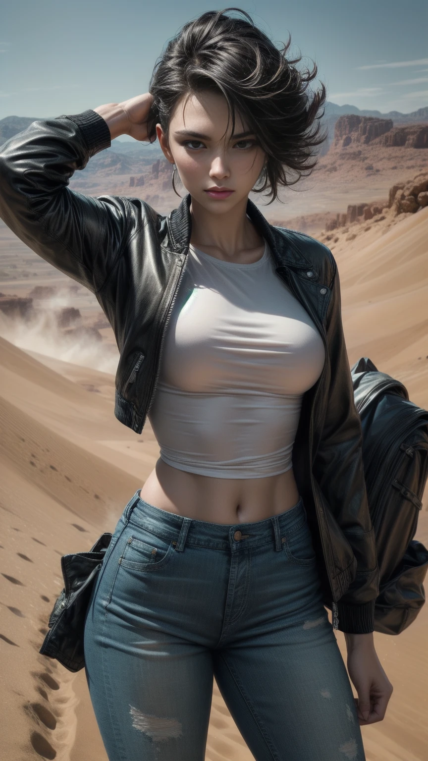 The best possible quality, 8K Ultra Resolution, Awesome illustration, The best of all, Award-winning, how to be the best, weapons in each hand, Action Pose Adds effect at the end, Neat short black hair ,black jeans jacket, light Black wide pants, epic desert setting: 1.5, photorealistic: 1.4, skin texture: 1.4, super masterpiece, Super detailed, hyper detailed, 32K