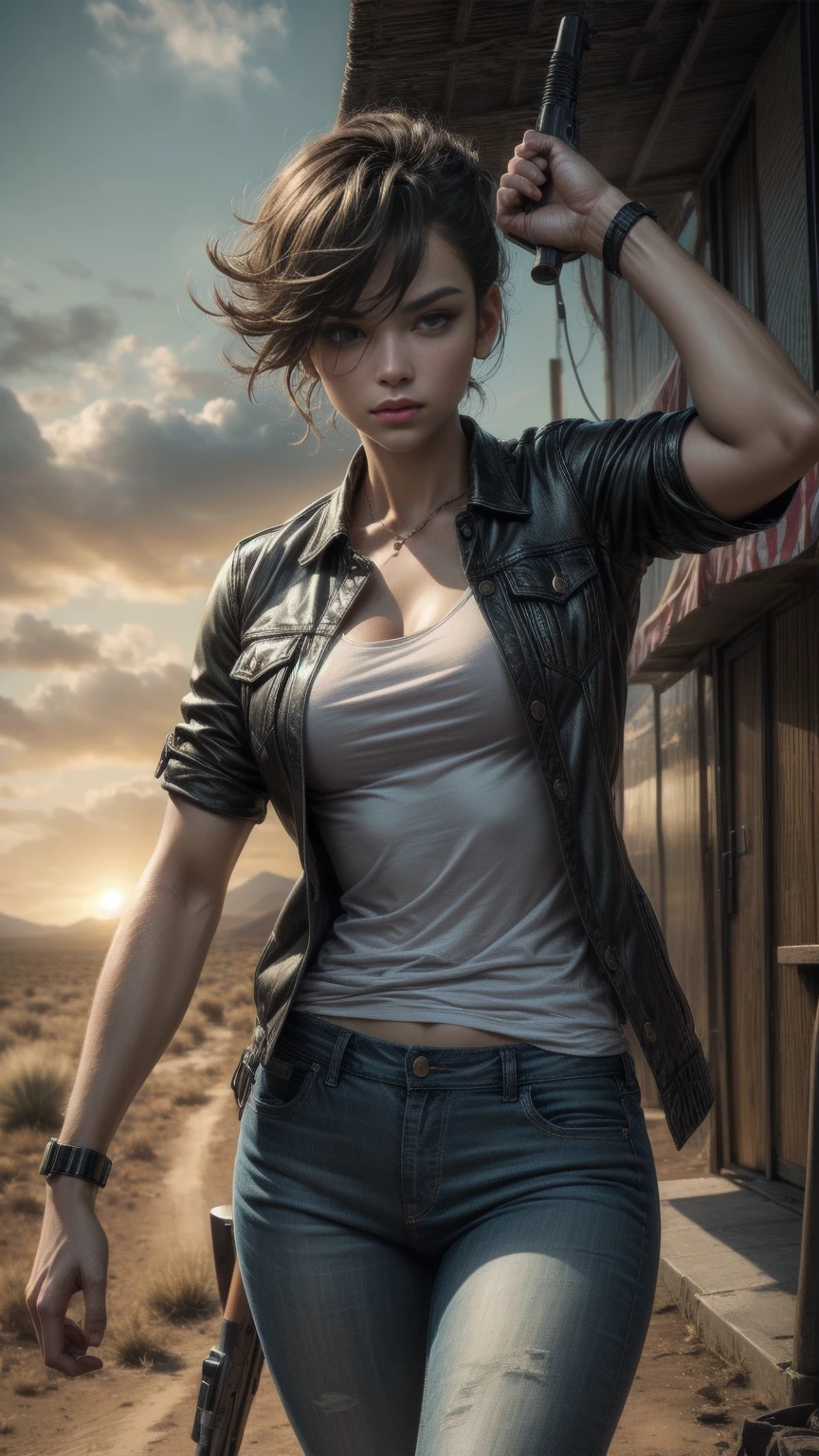 The best possible quality, 8K Ultra Resolution, Awesome illustration, The best of all, Award-winning, how to be the best, weapons in each hand, Action Pose Adds effect at the end, Neat short black hair ,black jeans jacket, light Black wide pants, epic desert setting: 1.5, photorealistic: 1.4, skin texture: 1.4, super masterpiece, Super detailed, hyper detailed, 32K