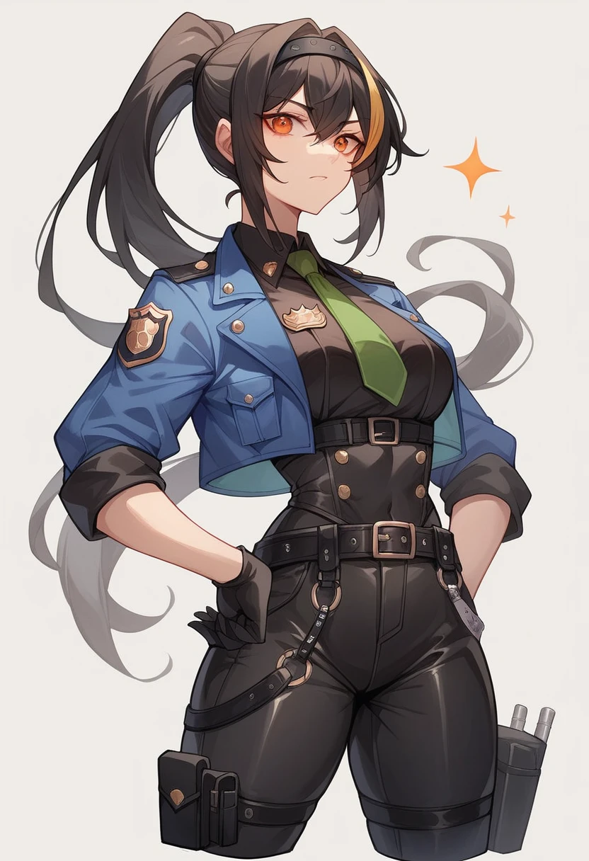 zhu yuan, orange eyes, black hair, long hair, streaked hair, ponytail, metal hairband, police uniform, blue jacket, cropped jacket, black vest, black gloves, green necktie,plaid necktie, black pants, high-waist pants, belt, thigh straps, holster, knee pads latex mummification