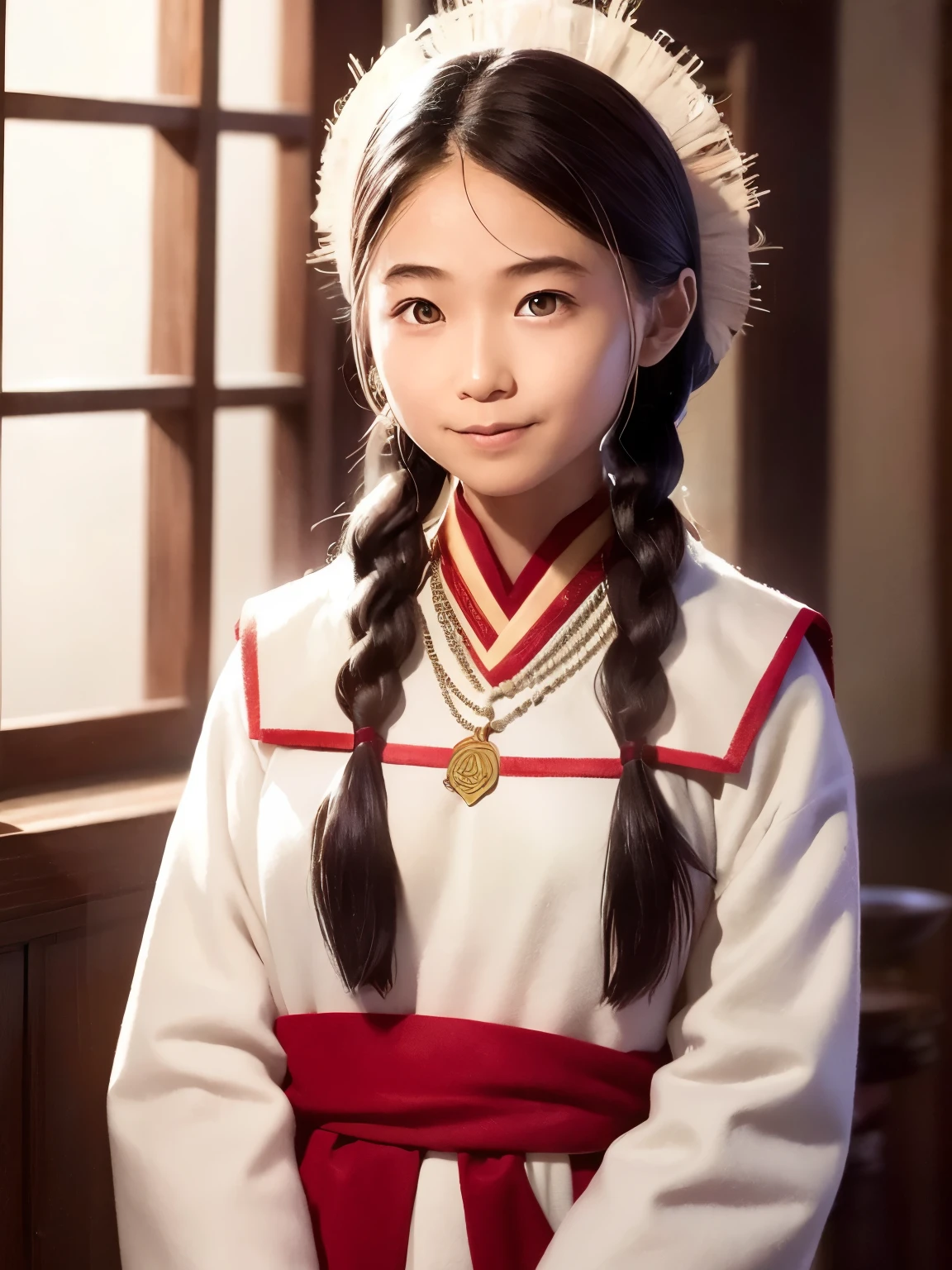 girl, Long braids, Tibetan Girl, close, Head slightly raised, smile, Bust photo, Upper Body, Appearance Yang Transcendence, Gorgeous Tibetan costume, Unwieldy Tibetan Necklace, Awkward Tibetan Headdress, Clothing fuzz, White animal bulge, CG of real people, Sweet Style, Movie Style, High-quality 4K