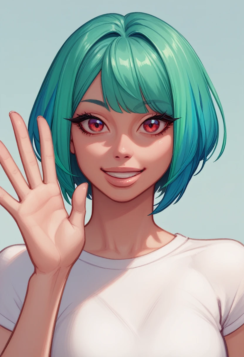 score_9,score_8_up,score_7_up BREAK 
red eyes, green hair, multicolored hair, aqua hair, bob cut, colored inner hair, very short hair, 1girl, outfit, 
solo, upper body , waving hello