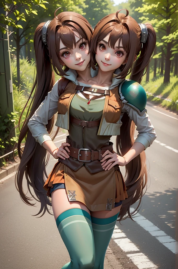 masterpiece, best quality, scEstelle, cropped jacket, green shoulder pad, tan shirt, orange skirt, belt, white thighhighs, cowboy shot, standing, looking at viewer, pointing at viewer, hand on hips, furrowed brow, smile, bridge, river, road, forest, (2heads:1.5)