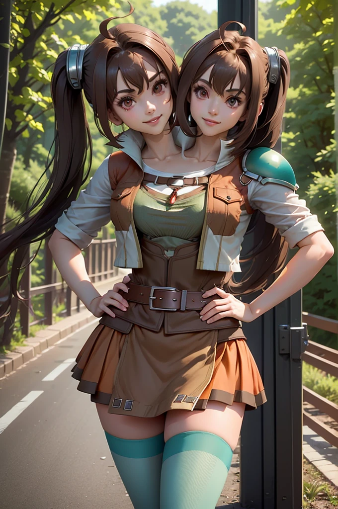 masterpiece, best quality, scEstelle, cropped jacket, green shoulder pad, tan shirt, orange skirt, belt, white thighhighs, cowboy shot, standing, looking at viewer, pointing at viewer, hand on hips, furrowed brow, smile, bridge, river, road, forest, (2heads:1.5)