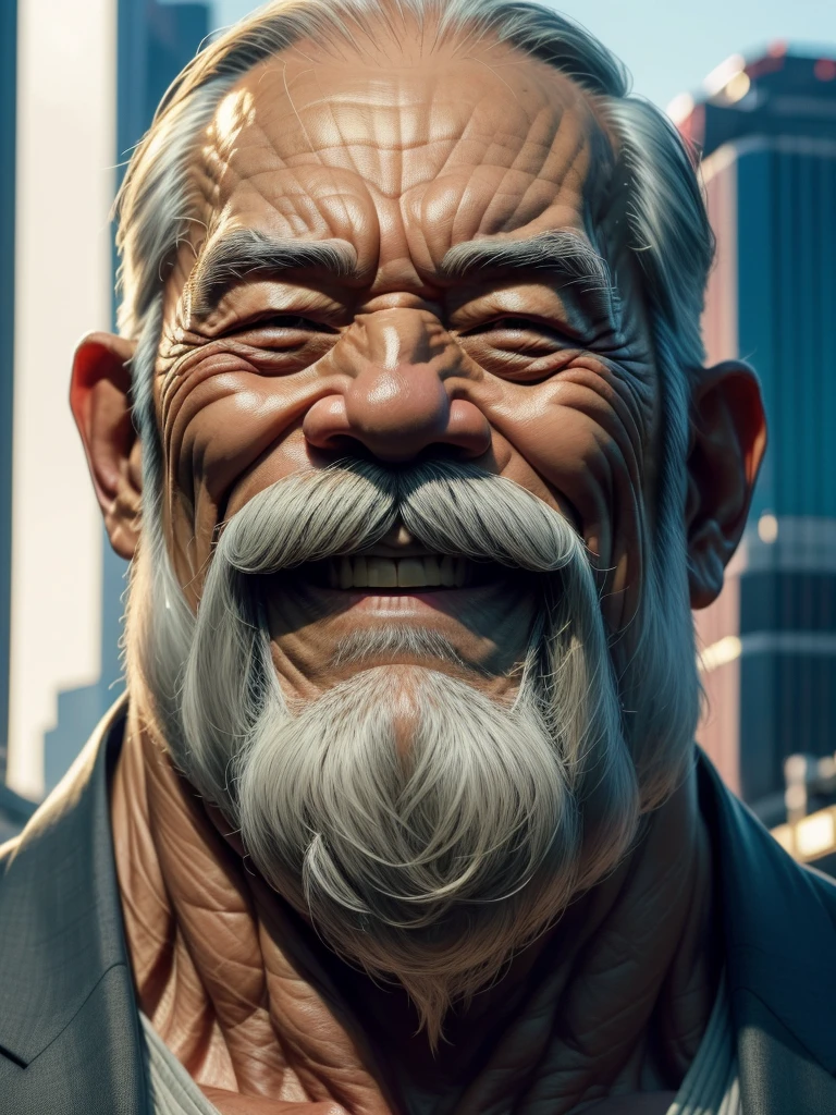 a muscular old man with a mustache and beard, (Japanese man:1.3), wearing a suits, smile, standing in a croud city background, (best quality,4k,8k,highres,masterpiece:1.2),ultra-detailed, realistic, photorealistic, semirealistic,detailed wrinkles,detailed facial features,detailed texture, half body, halfbody