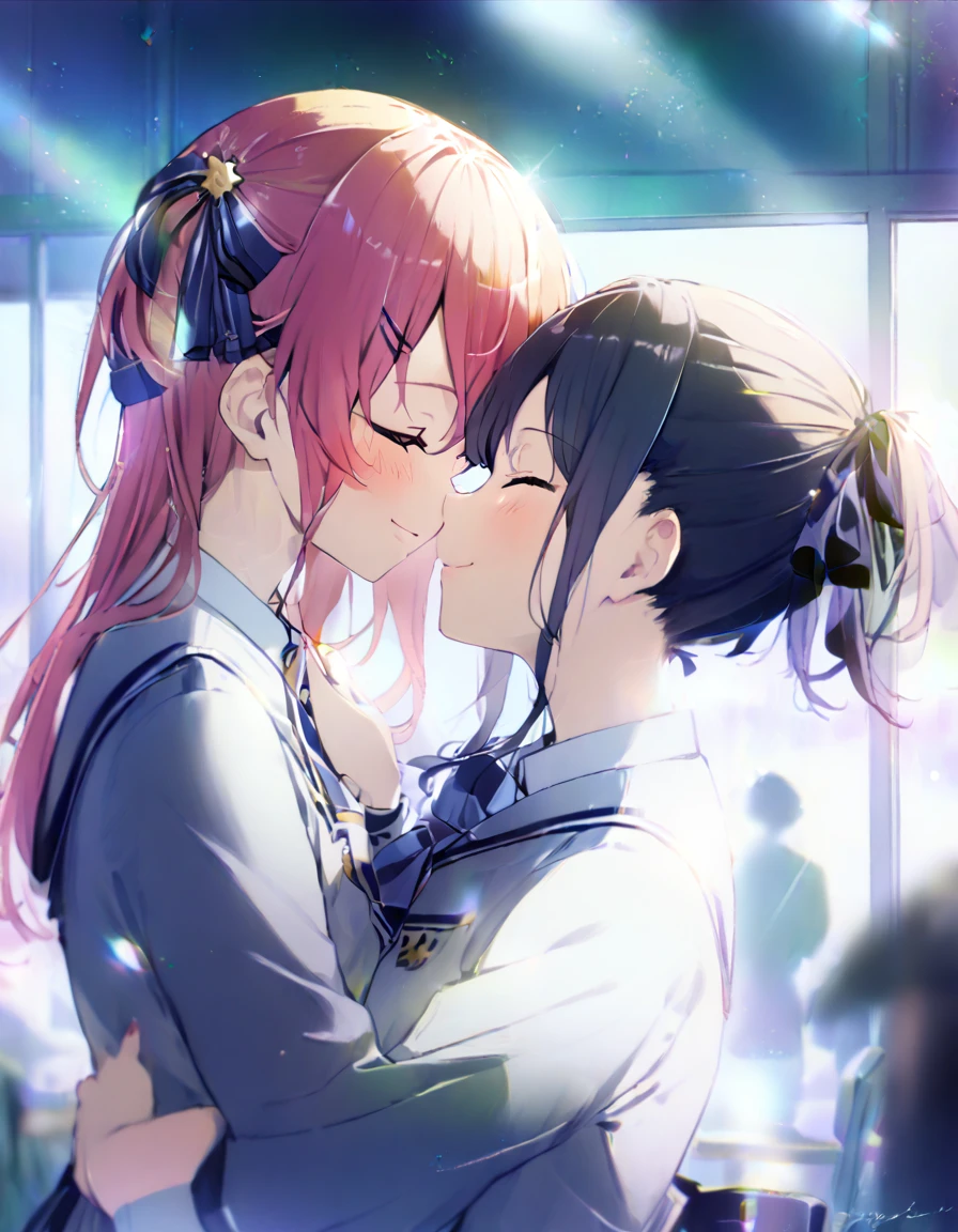 (((2girls))), together, two people, masterpiece, best quality, integrated scenery, integrated background, extremely delicate and beautiful, meticulous details, good composition, closed_eyes, , perfect face, perfect hands, fingernails, sakura miko, SakuraMiko, HoshimachiSuisei, hoshimachi suisei,,light blush, ((school)), upper body, looking each other, smile, , (hugging each other),in_school,sunlight,kissing,happiness,