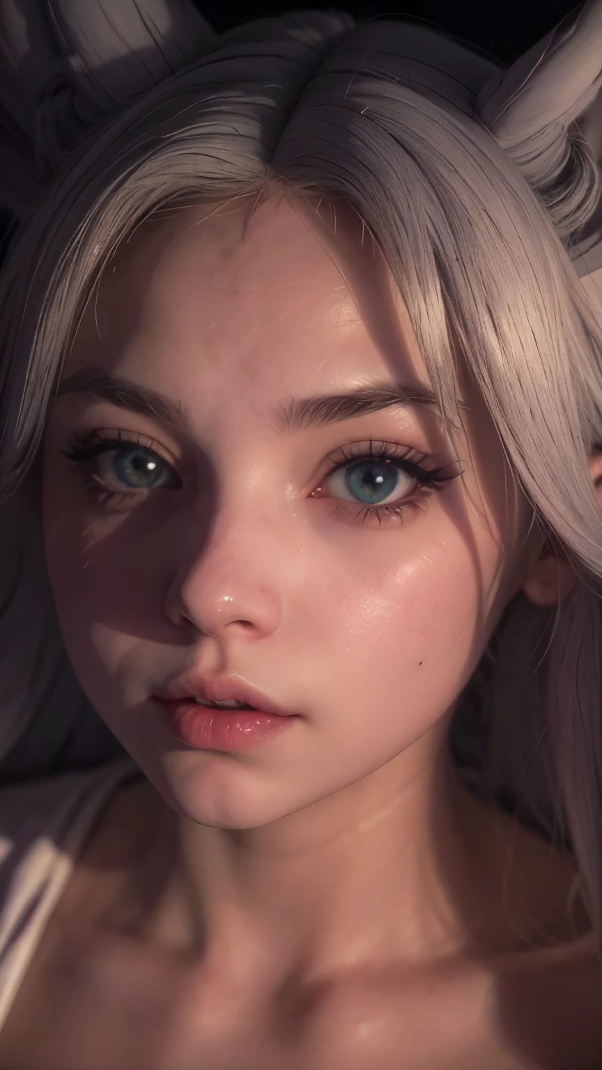 a sexy woman,1 girl,detailed face and eyes,beautiful lips,long eyelashes,long white hair,white wolf tail,wolf ears,white dress,detailed clothing,detailed background,hyperrealistic,octane render,high quality,8k,photorealistic,cinematic lighting,dramatic lighting,chiaroscuro,portrait,detailed texture,volumetric fog,dramatic atmosphere,extremely detailed