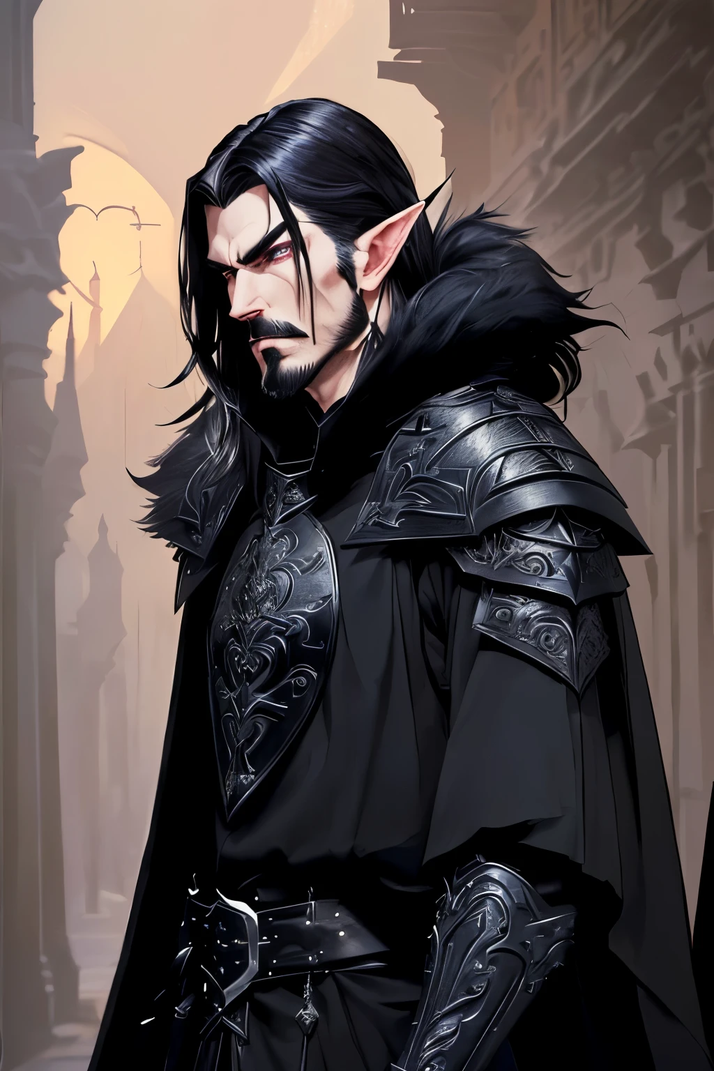 ( excellent quality ) 1boy (1male), ONE person, masculine, alone, close up shot, vampire, in dark courtyard, stoic expression, crimson eyes, very long black hair (male), gray fur (coat) collar, poofy gray collar, pointy full black goatee, full mustache, extremely pale skin, pointy ears, elf ears, ornate black plate armor: paldrons, full chest plate, shin guards, tall black boots. malignant aura, dominating stance, long coat over the plate armor, thin tabard over chest, dark sky(night), very dark. Style: makoto shinkai, artgerm and atey ghailan, krenz cushart. Looking inward, eyes facing toward shot