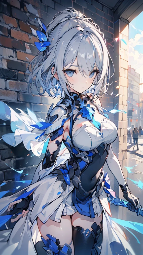 Teenage Girls in Anime, Blue and grey metal armor, Blue hand and thigh accessories, Short dark blue-gray hair, hair accessory, Grey Eyes, Silver earrings, nose, Curious, Healthy Skin, Very dirty, head, shoulder, Small box, arms, Have a map, Narrow waist, feet, Medium thighs, Has black robotic legs, cute, Bright colors on the shirt, Futuristic marble white palace, Shining light in the sky, Stand next to a wall, Cinematic Light, High resolution, Highest quality, Super detailed, Detailed face, (Detailed eyes), Highest quality, Super detailed, masterpiece, (Detailed face), Beautiful face, feetを見せて, short hair