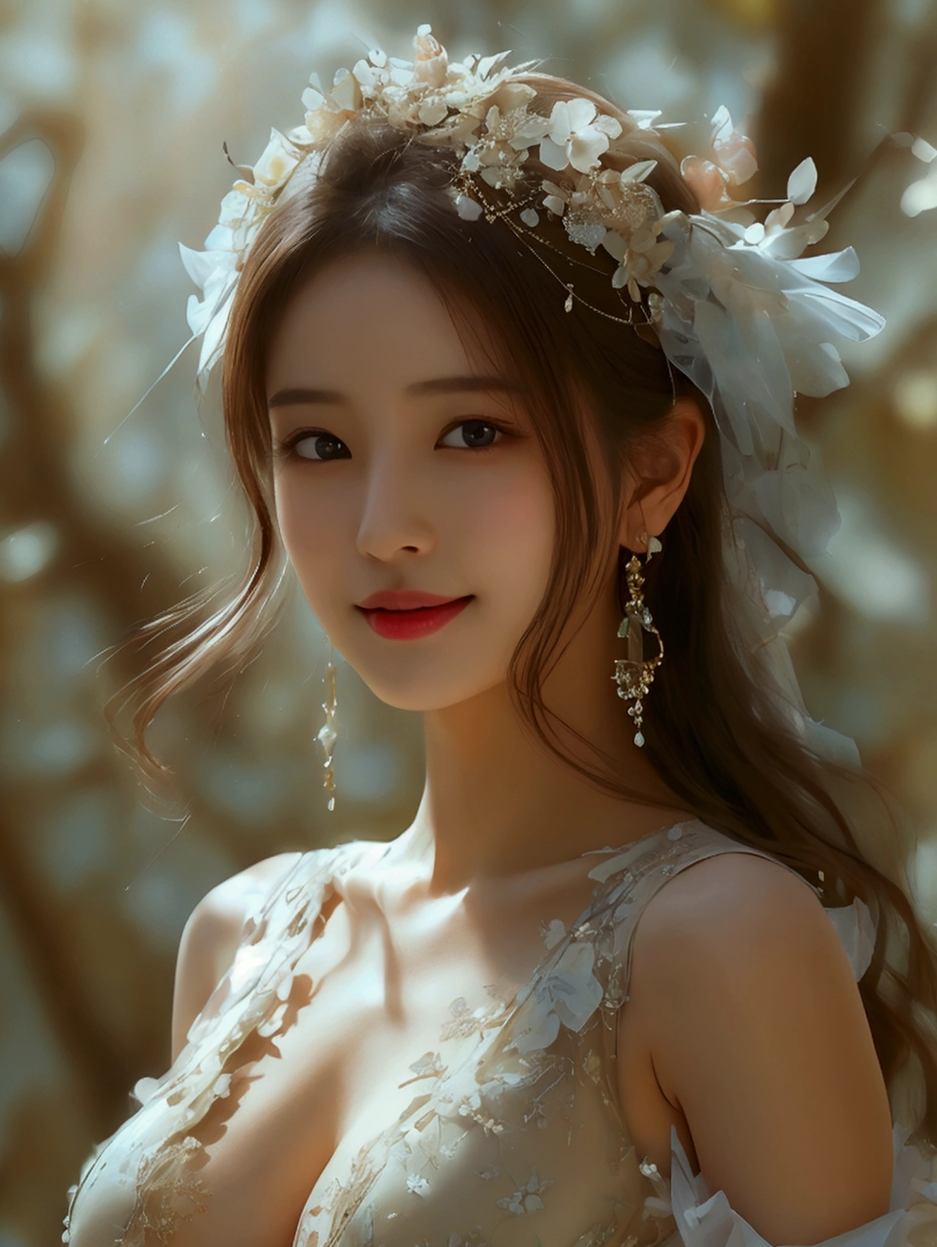 ((Highest quality、8k、masterpiece:1.3))、(Beautiful and vivid background: 1.2), (Very detailedCG, Very detailed, Best Shadow: 1.1), ((Depth of written boundary)),Beautiful concept art,(Very delicate: 1.1), (Perfect detail: 1.1),(Sleeveless dress:1.3)、Young Japanese woman、(Anatomically correct body)、（Perfect figure:1.3）、(Very detailed美しい顔、Beautiful skin texture)、Cute smile、(Beautiful Eyes:1.1)、double eyelid、(Large Breasts)、Beautiful curves、Beautiful long legs、Accentuate your cleavage、(seductive pose)、((nsfw))