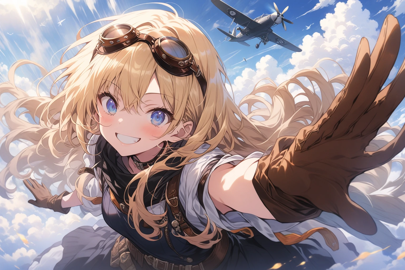 score_9_up, score_9, score_8_up, score_7_up, source_anime,masterpiece, best quality, high resolution, extremely detailed CG, absurdres, highres, 1girl, solo, a girl in goggles on head, a huge ships flys in sky between clouds at background, clouds and blue_sky in background, blonde hair, gloves, goggles, long hair, blue eyes, goggles on head, aircraft, smile, brown gloves, weapon, steam punk