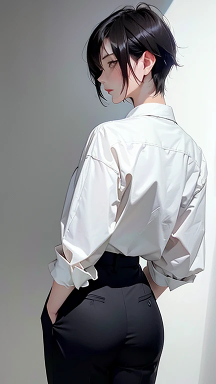 older sister、cool、slender、Black Hair,、Short Hair、In a suit、pants、Ass、backview
