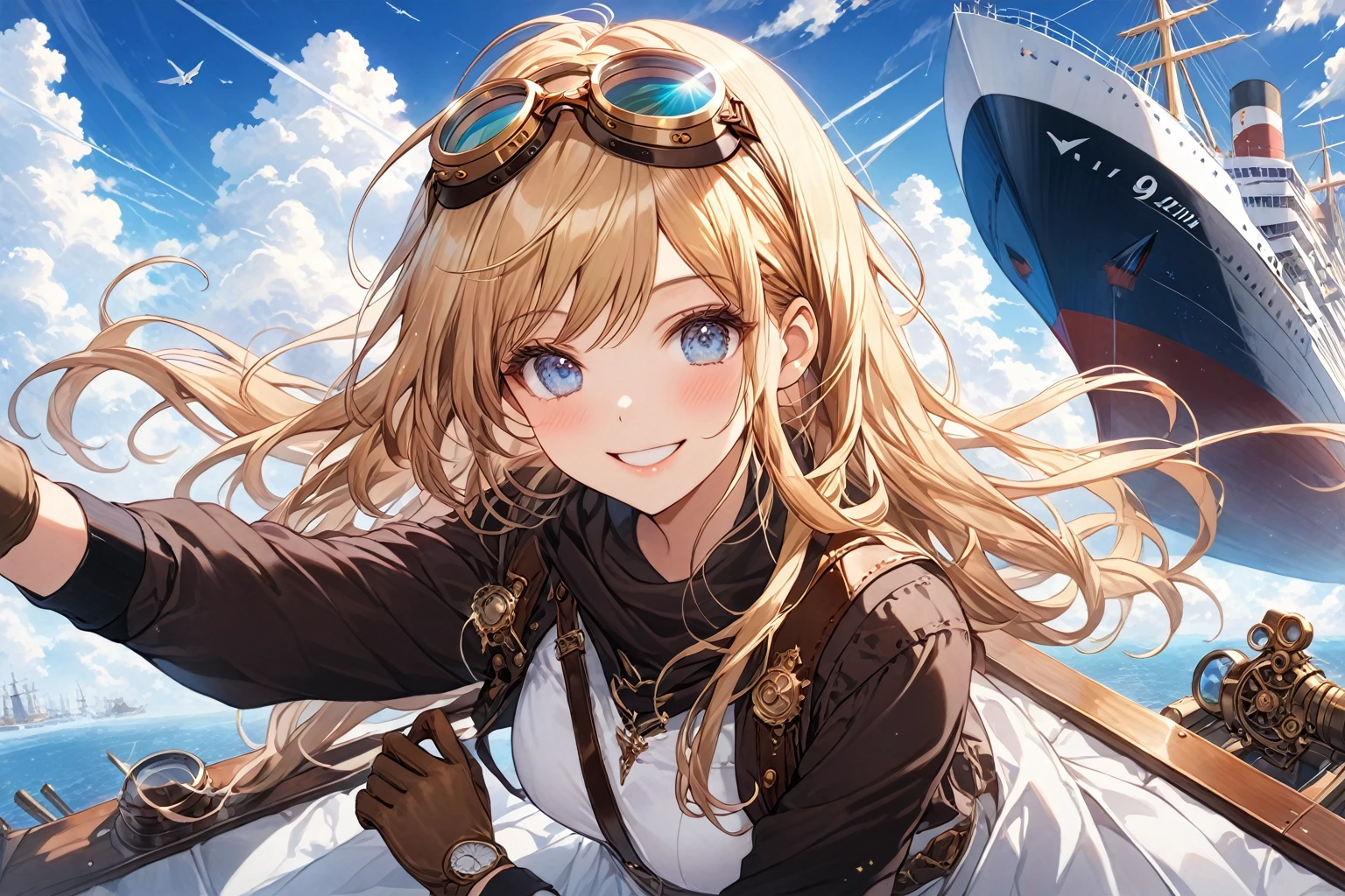 score_9_up, score_9, score_8_up, score_7_up, source_anime,masterpiece, best quality, high resolution, extremely detailed CG, absurdres, highres, 1girl, solo, a girl in goggles on head, a huge ships flys in sky between clouds at background, clouds and blue_sky in background, blonde hair, gloves, goggles, long hair, blue eyes, goggles on head, smile, brown gloves, weapon, steam punk, cowboy_shot