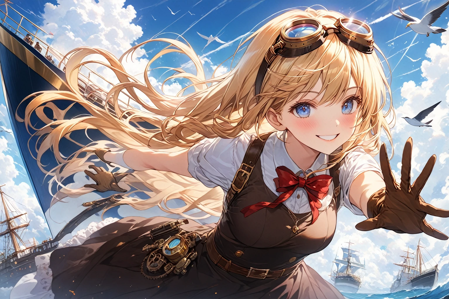 score_9_up, score_9, score_8_up, score_7_up, source_anime,masterpiece, best quality, high resolution, extremely detailed CG, absurdres, highres, 1girl, solo, a girl in goggles on head, a huge ships flys in sky between clouds at background, clouds and blue_sky in background, blonde hair, gloves, goggles, long hair, blue eyes, goggles on head, smile, brown gloves, weapon, steam punk, cowboy_shot