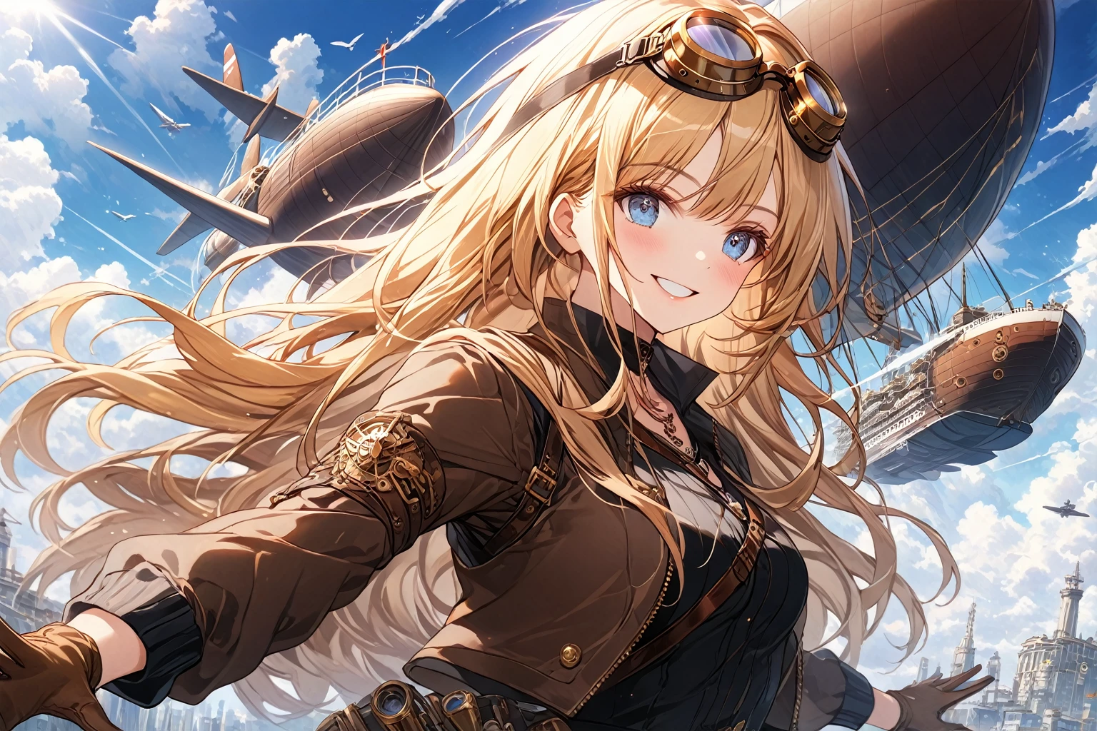 score_9_up, score_9, score_8_up, score_7_up, source_anime,masterpiece, best quality, high resolution, extremely detailed CG, absurdres, highres, 1girl, solo, a girl in goggles on head, a huge airships flys in sky between clouds at background, clouds and blue_sky in background, blonde hair, gloves, goggles, long hair, blue eyes, goggles on head, smile, brown gloves, weapon, steam punk, cowboy_shot