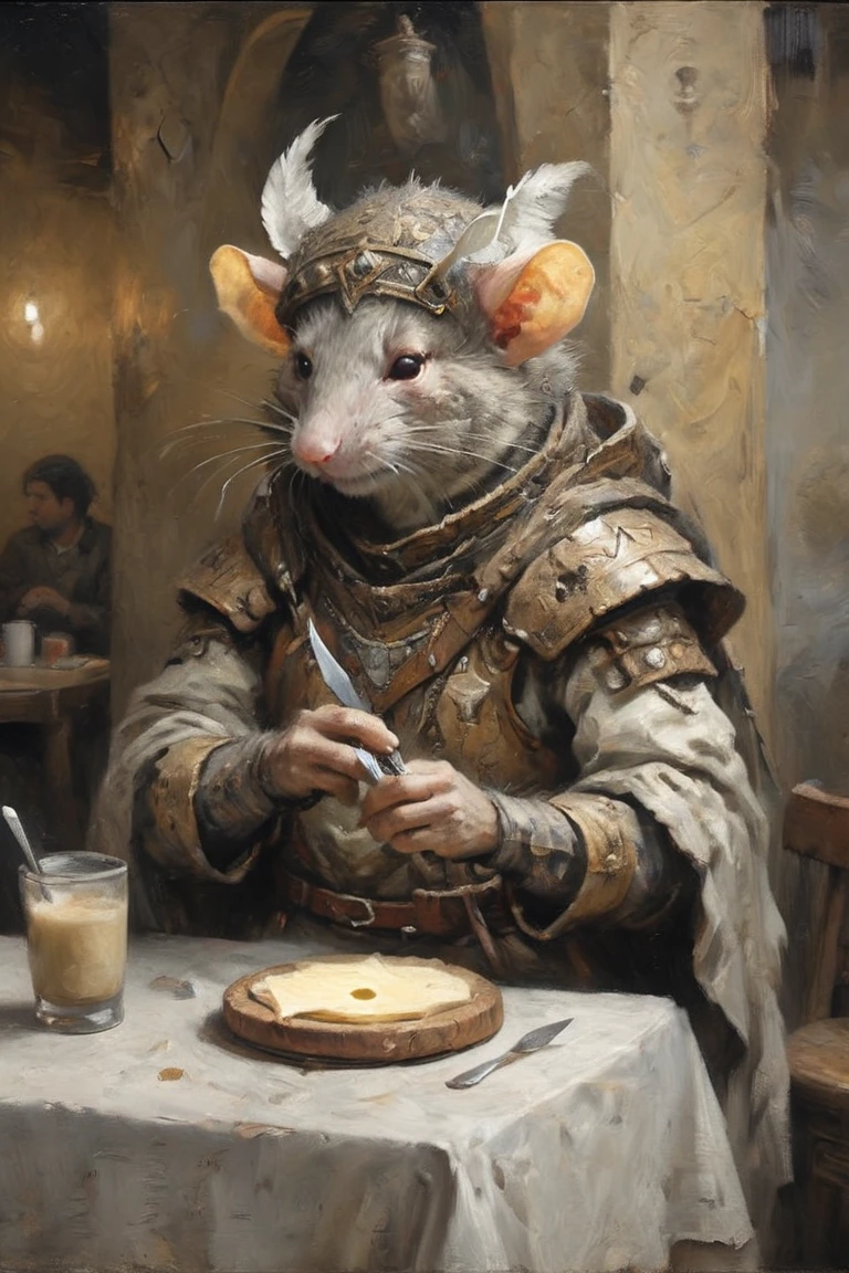 Absurd Wabi-Sabi, a Rat Man，With cheese，Becoming an Angel in Venezuela, Drinking coffee at a cafe, Dressed in elegant tribal-era armor， Surrealism, Holding a knife with the tip of the cheese stuck in it