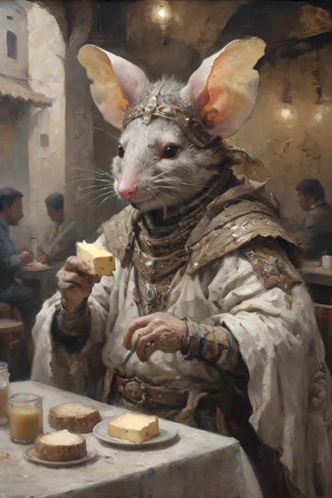 absurd wabi-sabi, a rat man，with cheese，becoming an angel in venezuela, drinking coffee at a cafe, dressed in elegant tribal-era...