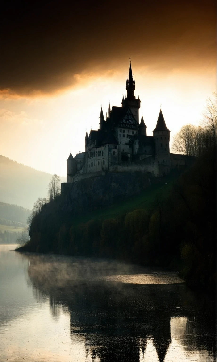 there is a castle on a hill with a lake in front of it, misty castle, gothic castle, dark castle setting, scarry castle)). mystical, scarry castle). mystical, castle, gothic castle in background, beautiful castle, inspired by Franz Sedlacek, by Kurt Roesch, epic castle with tall spires, matte painting”, matte painting ” Friedrich Wilhelm Murnau