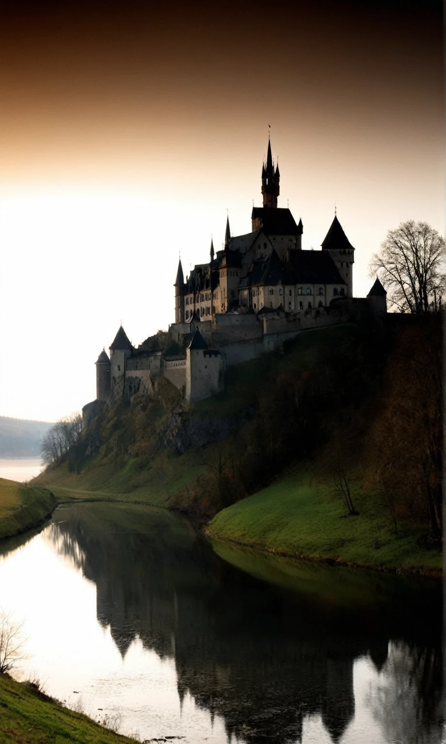 there is a castle on a hill with a lake in front of it, misty castle, gothic castle, dark castle setting, scarry castle)). mystical, scarry castle). mystical, castle, gothic castle in background, beautiful castle, inspired by Franz Sedlacek, by Kurt Roesch, epic castle with tall spires, matte painting”, matte painting ” Friedrich Wilhelm Murnau