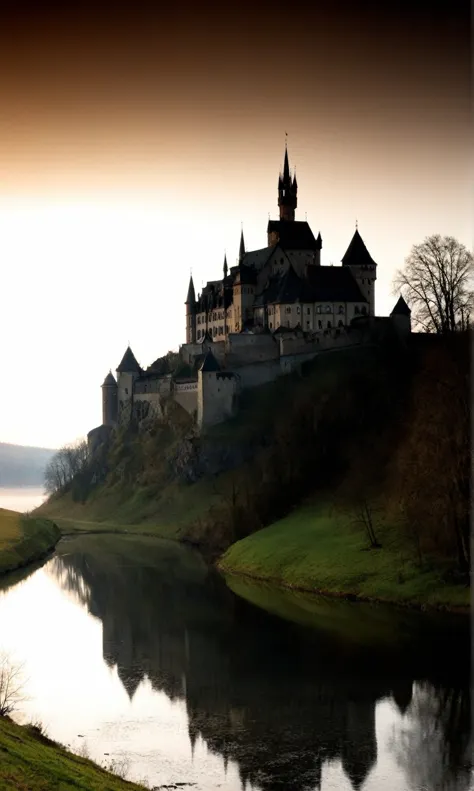 there is a castle on a hill with a lake in front of it, misty castle, gothic castle, dark castle setting, scarry castle)). mysti...