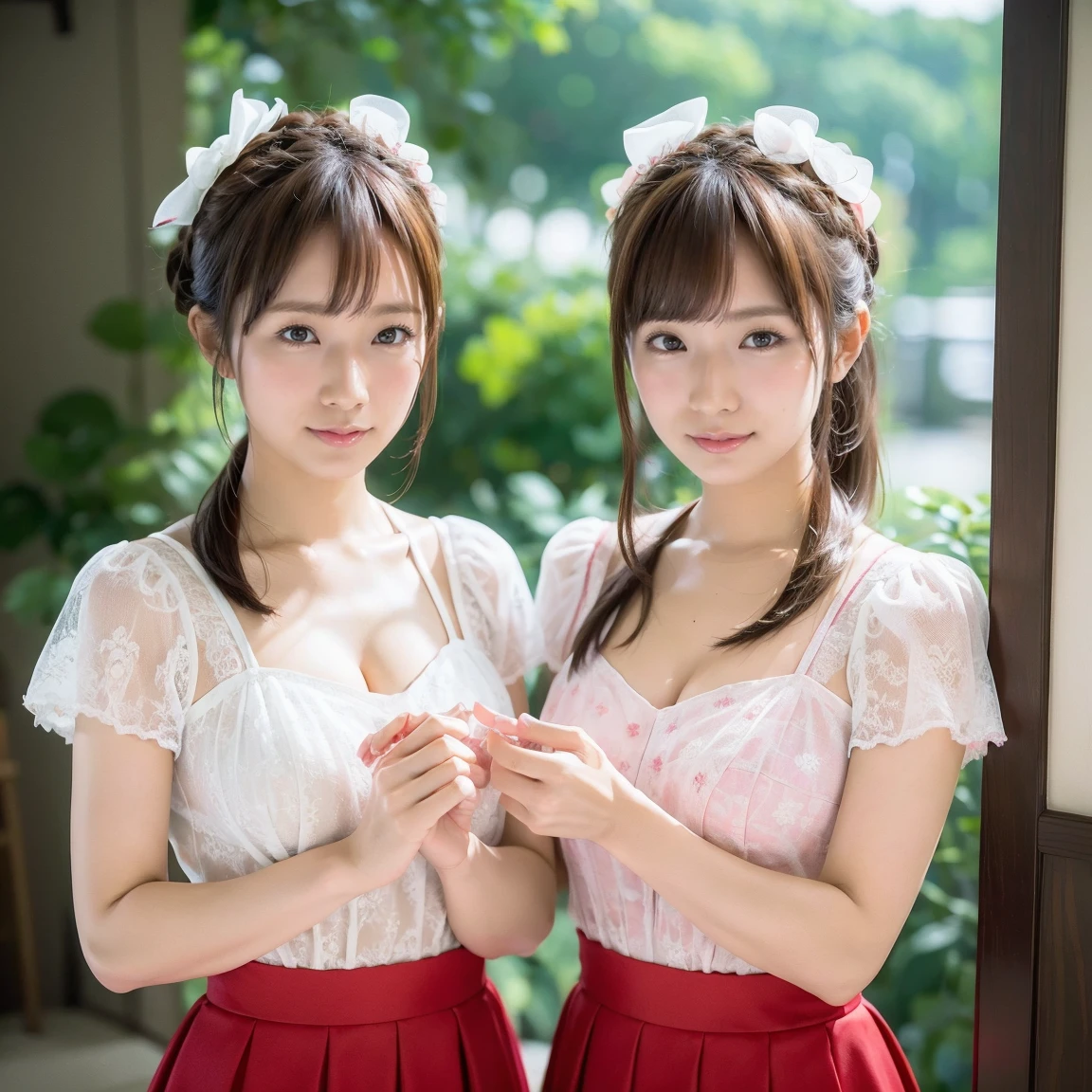 Identical twin sisters exhibition, Medium Shot, Written boundary depth, bust, Upper Body, Movie angle, masterpiece, Highest quality, Very detailed, CG, 8k wallpaper, Beautiful Face, Delicate eyes, Otome, alone, smile, bangs, skirt, shirt, have, Crimson Dress, bow, petal, bouquet