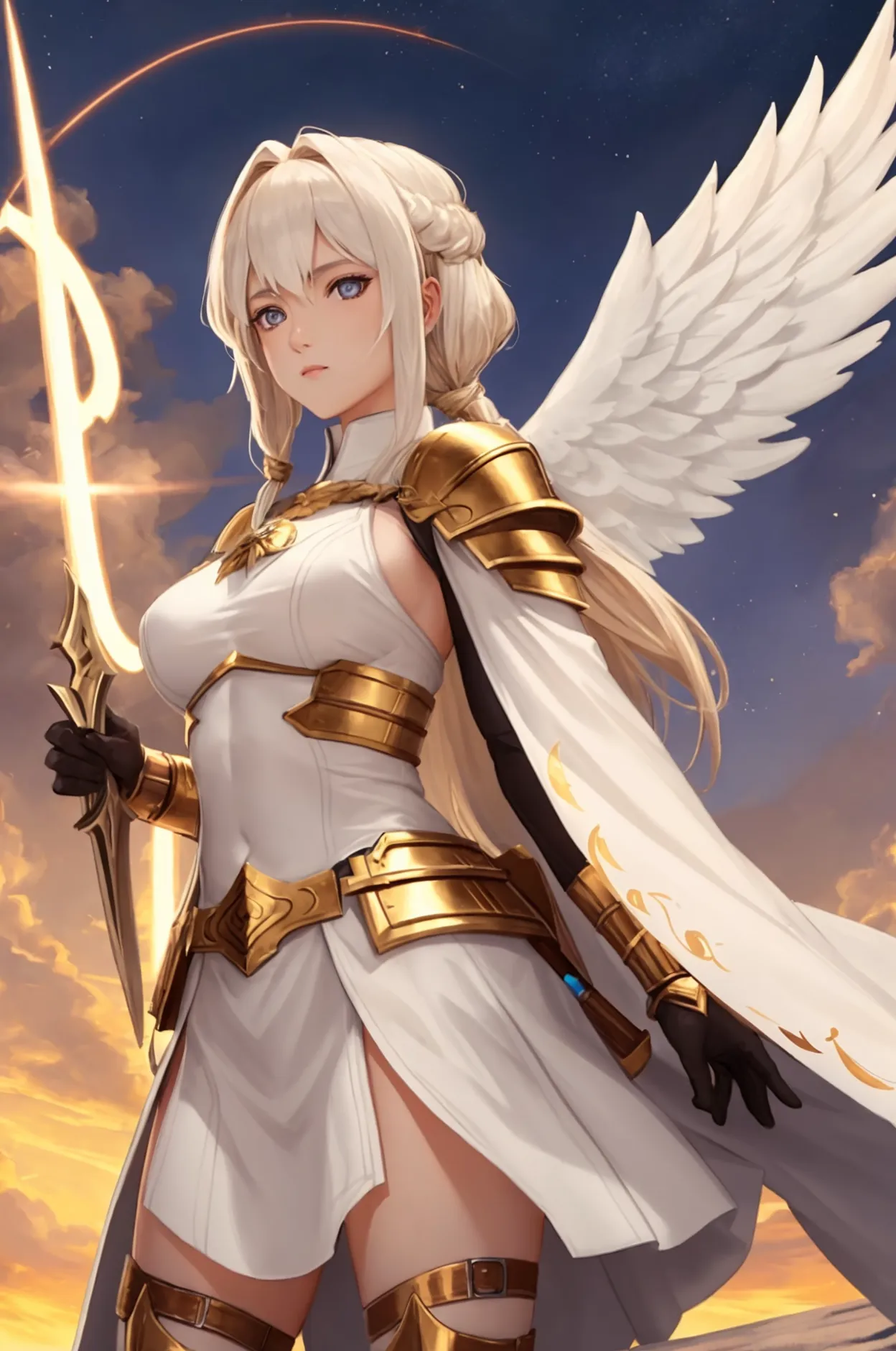 a female warrior, angelic, half moon shield