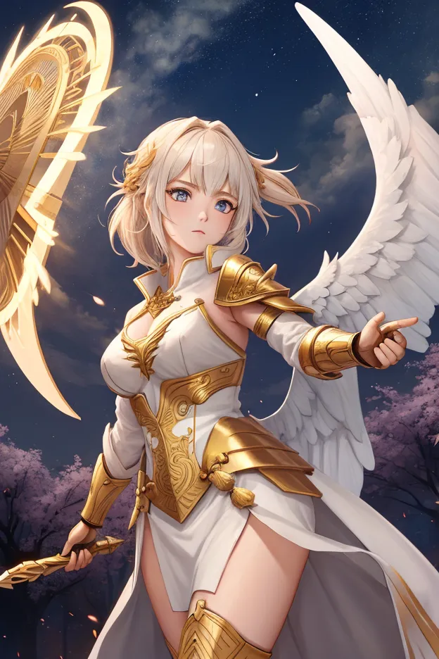 a female warrior, angelic, half moon shield