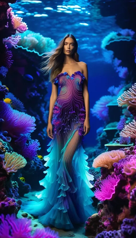 full body shot of a fashion model with long hair in a bioluminescent dress of multi-colored huge corals with minimal details, wi...