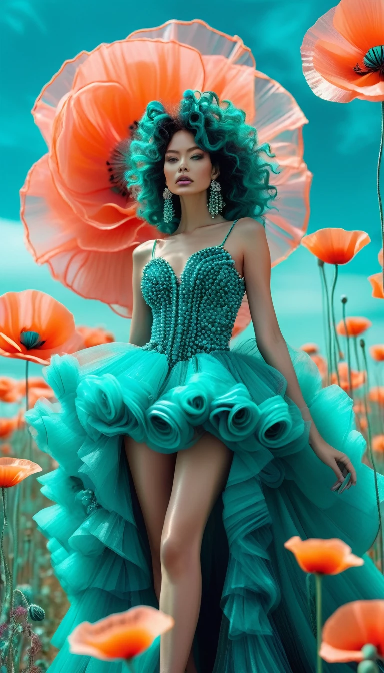 A full body close-up photo of a woman with big, curly hair standing in the middle, wearing a teal, futuristic fashion dress made of tulle, pearls, and pink flowers, with big earrings, standing on a turquoise field surrounded by neon orange poppies, with cinematic lighting and pastel colors, in the style of Vogue-style photography.