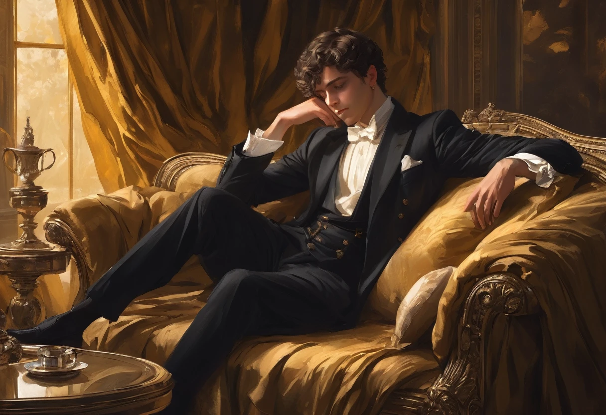 Create a detailed digital painting of a young man reclining on a luxurious, antique sofa with an elegant and relaxed posture. The man has tousled, dark brown shorthair and a contemplative expression, resting his head on his hand. He is dressed in traditional ancient Greek attire, wearing a simple, flowing white chiton made of fine fabric, draped loosely over one shoulder and leaving the other shoulder bare. The setting is an opulent, classical room with dark vibe atmosphere, with a warm, golden light filt