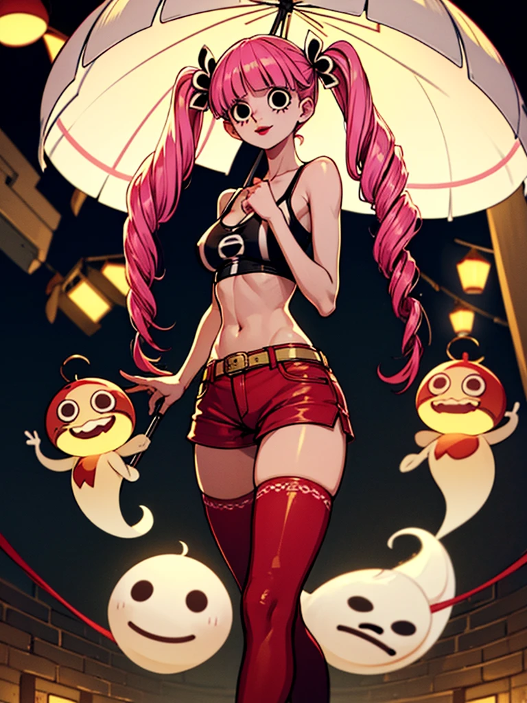 masterpiece, high res, beautiful art, professional artist, 8k , Ultra detailed backgrounds, Delicate pattern, Intricate High Details, highly detailed, finedetail, Best quality, Beautiful lighting, small breasts, lean girl, Very thin girl, Perona, 1girl, solo,  circle-shaped eyes, black eyes, red lips,  red boots, midriff, twintails, twin drills, pink hair,  shorts, tank top, perfect antomy, black and white striped golf, holding an umbrella, one hand holding red umbrella, standing cross-legged, castle background, vintage lanterns in the background, ghosts flying around with a sweet smile