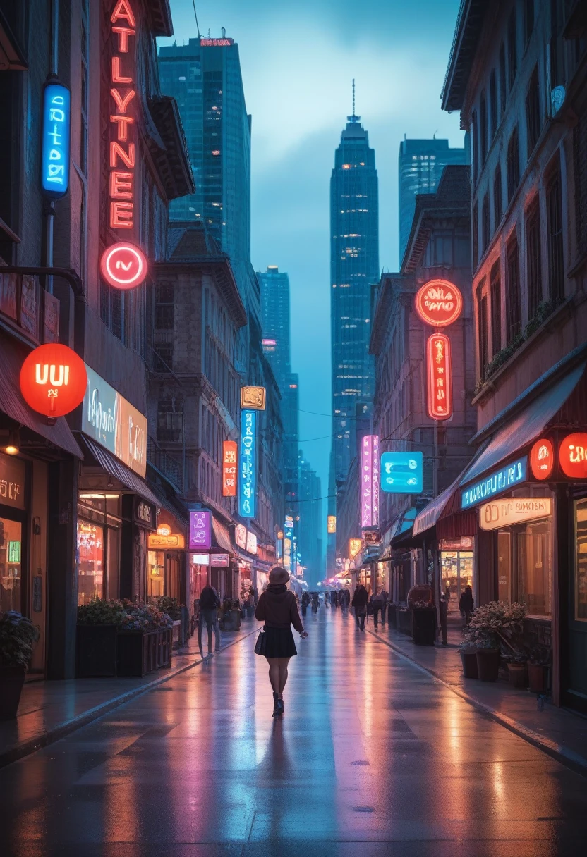 retracted image of a city with alleys to street, super detailed, masterpiece, best quality, ultra quality, absurd details, best light, best shadow, sharp, sharp image, detailed, extremely detailed, great resolution, 8k, 4k, uhd, volumetric, bright sprite, particle effects, beautiful effects, neon, neon light, sunbeam, sunlight, (character on the street)