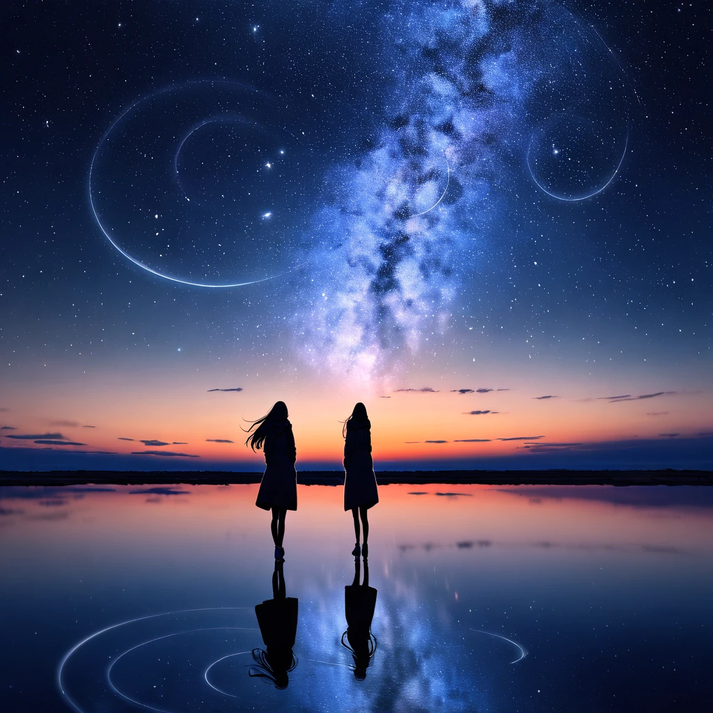 Many stars shine beautifully in the winter night sky., Long exposure of the starry sky、Many circular orbits are visible in the image., Silhouette of a young woman with long hair、Put your hands in your coat pockets、Looking up, Photo taken from a distance, Picture below