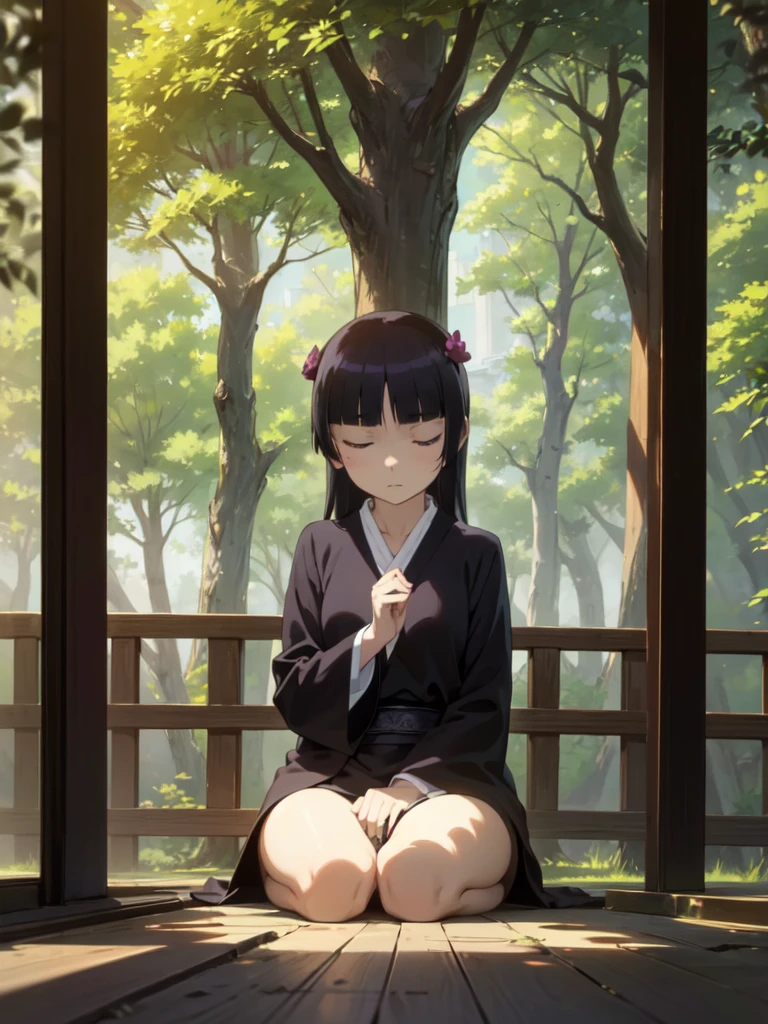 (Deep Meditation), ((Zazen)), Ancient temple, Mysterious space, Timeless Silence, Historical Art, In the sun through the trees, Concentration in silence, (ruri gokou), woman, alone, Hime cut, woman, Long Hair, Close ~ eyes, full body