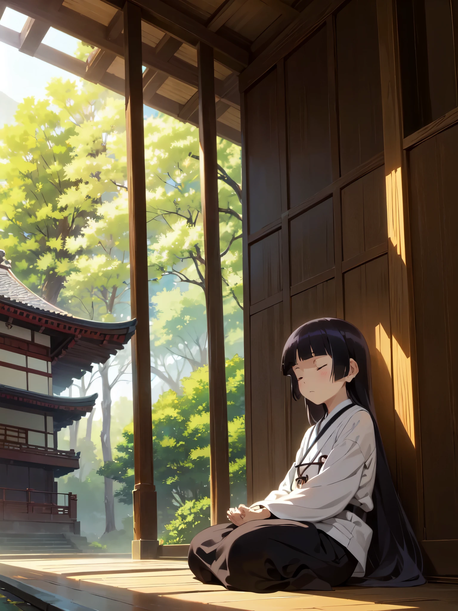 (Deep Meditation), ((Zazen)), Ancient temple, Mysterious space, Timeless Silence, Historical Art, In the sun through the trees, Concentration in silence, (ruri gokou), woman, alone, Hime cut, woman, Long Hair, Close ~ eyes, full body