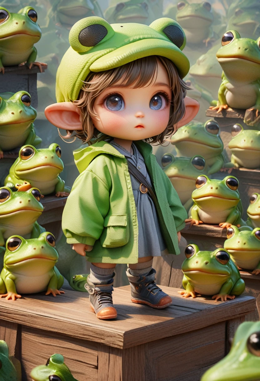 a cute chibi girl wearing a frog hat,standing on a podium,surrounded by an army of cute frogs,extremely detailed,4k,8k,highres,masterpiece:1.2,ultra-detailed,realistic,photorealistic,photo-realistic:1.37,digital painting,highly detailed,intricate details,vibrant colors,soft lighting,whimsical,fantasy,adorable