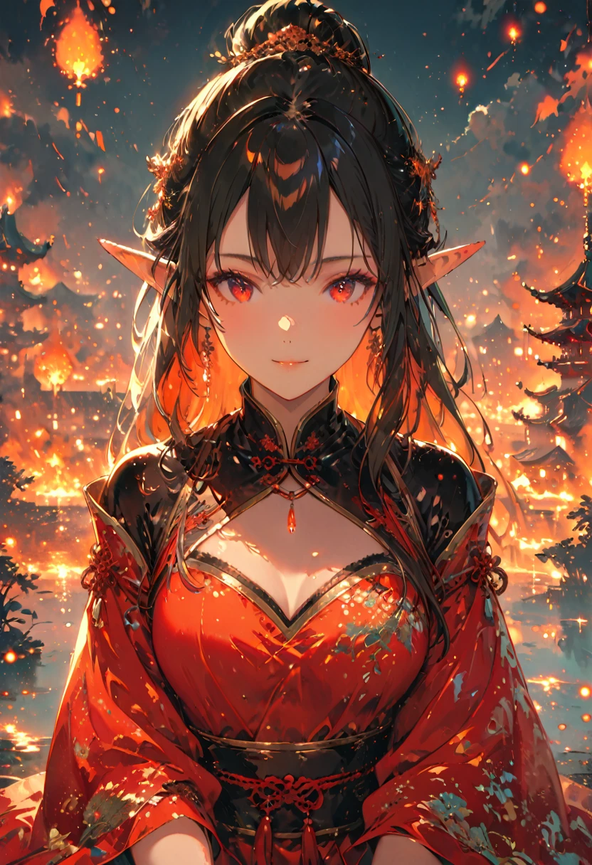 ((half body Portrait of a fire elf)), red flowing hair, shiny red eyes,( medium length pointy ears),orange fire around, flaming theme, burning atmosphere, (detailed sexy Chinese style costume:1.2), red glowing tattoos, orange crystal jewelry, light smile, mature body, colorful ,by Mappa studios,masterpiece,best quality,official art,illustration,ligne claire,(cool_color),perfect composition,absurdres, fantasy,focused,rule of third, close up portrait 