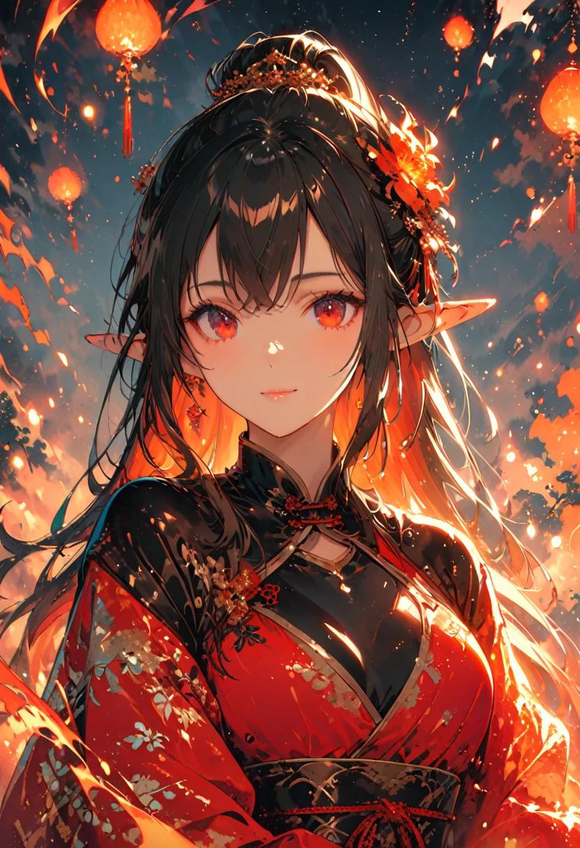 ((half body Portrait of a fire elf)), red flowing hair, shiny red eyes,( medium length pointy ears),orange fire around, flaming theme, burning atmosphere, (detailed sexy Chinese style costume:1.2), red glowing tattoos, orange crystal jewelry, light smile, mature body, colorful ,by Mappa studios,masterpiece,best quality,official art,illustration,ligne claire,(cool_color),perfect composition,absurdres, fantasy,focused,rule of third, close up portrait 