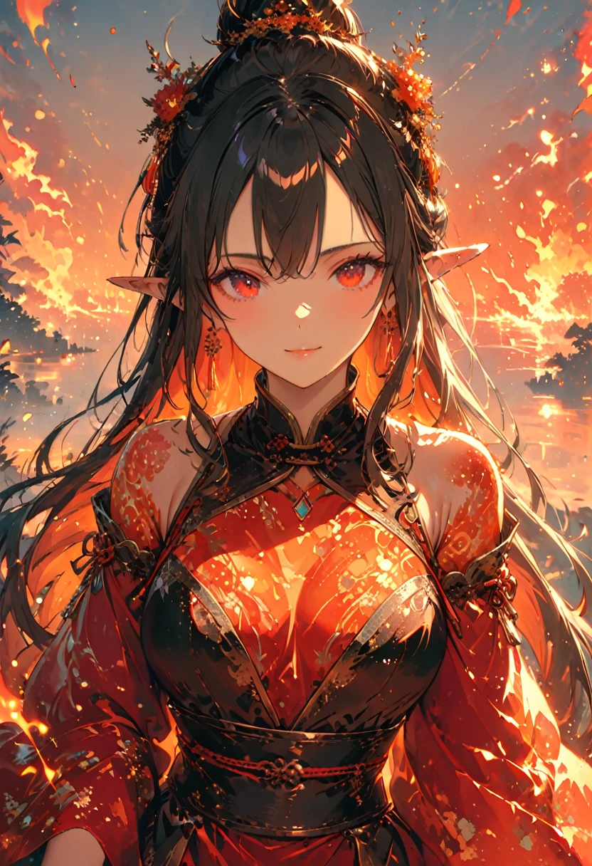 ((half body Portrait of a fire elf)), red flowing hair, shiny red eyes,( medium length pointy ears),orange fire around, flaming theme, burning atmosphere, (detailed sexy Chinese style costume:1.2), red glowing tattoos, orange crystal jewelry, light smile, mature body, colorful ,by Mappa studios,masterpiece,best quality,official art,illustration,ligne claire,(cool_color),perfect composition,absurdres, fantasy,focused,rule of third, close up portrait 