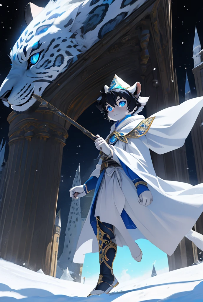 personal, High resolution, Full body image with high detail, high quality, Ultra HD, subjective perspective, snow leopard, boy body shape, Dark black blue very short hair, Ice blue mixed with gold eyes, light blue white fur, White Mage Short Cloak, Dark blue tights, Brave World Castle Background
